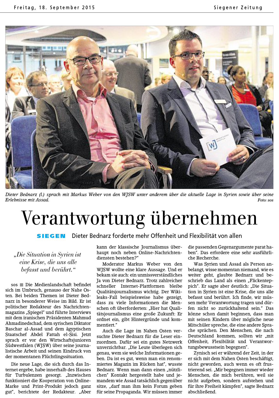 Zeitungsauszug – Dieter Bednarz bei den Wirtschaftsjunioren
